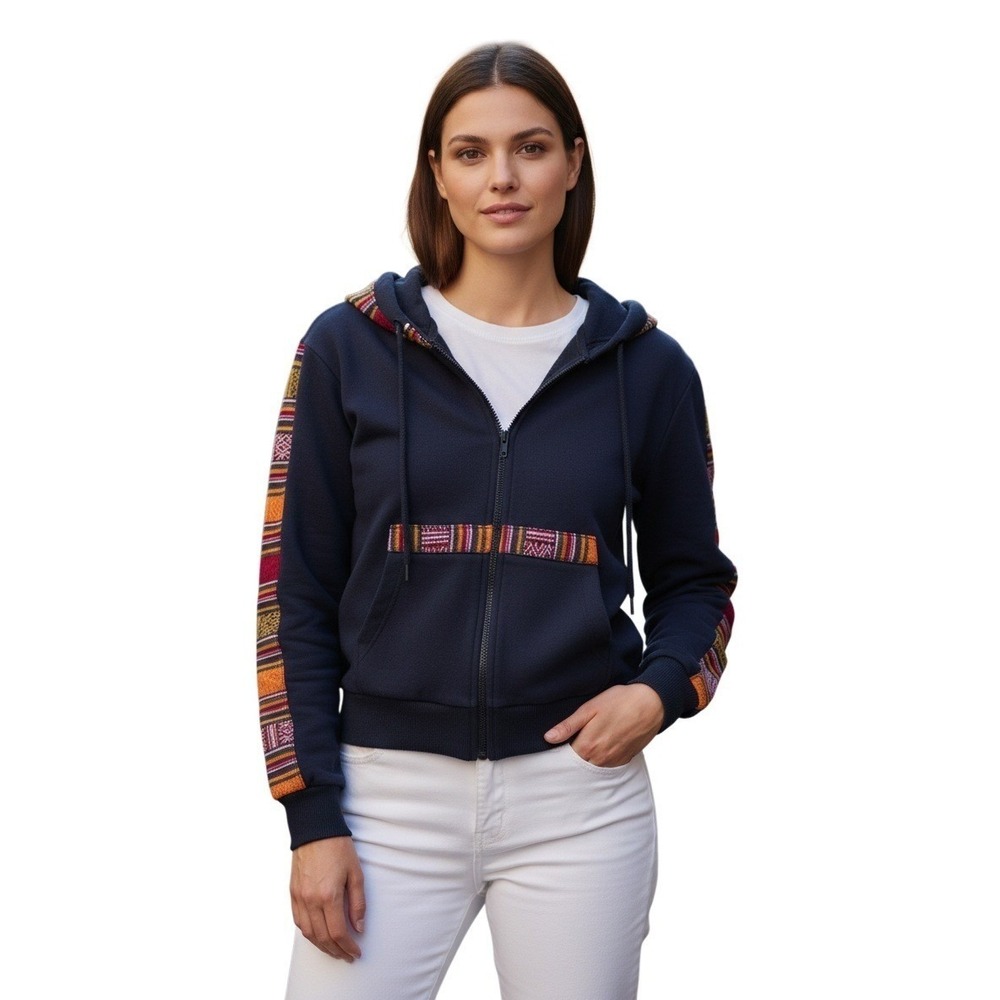 NWT‎ Rhea Artisan Fleece Hoodie Jacket Navy Boho Trim Zip Up Women Unisex L NWT